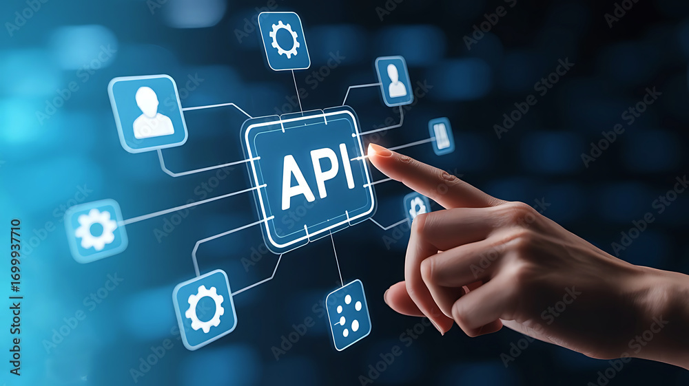 Wall mural finger touching glowing api icon on a digital interface representing software integration and connec