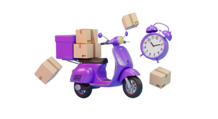 Purple scooter with packages and clock isolated on transparent background
