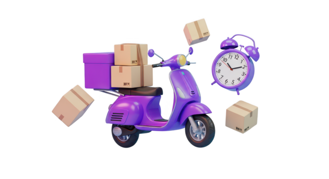 Purple scooter with packages and clock isolated on transparent background