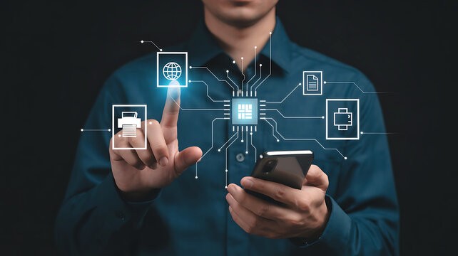 Man using smartphone interacting with glowing digital interface showing smart home devices and technology connections - Powered by Adobe