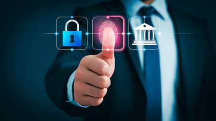 Businessman s fingerprint scan authenticates secure access to banking and financial data on digital interface