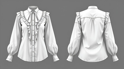 Poet pirate blouse technical fashion illustration with ruffles collar, bishop long sleeves, stand neck, loose fit, button up. Flat top template front, back, white color. Women, unisex shirt CAD mockup