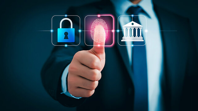 Businessman s fingerprint scan authenticates secure access to banking and financial data on digital interface