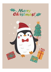Vector Christmas card with cute penguin holding a Christmas tree, Merry Christmas greetings.