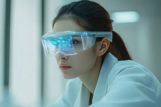 A female scientist wearing futuristic AR glasses, focused on data analysis in a lab setting.