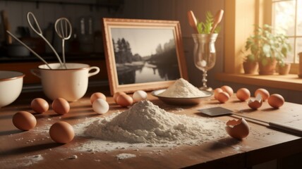 Flour Swirl in Kitchen with Eggs