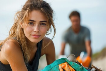A young woman with freckles smiles while volunteering for beach cleanup with a man in the background.