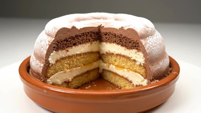 Classic Italian Zuccotto a layered chocolate and cream dome cake with a slice removed to show the inside rotating 360 degrees.