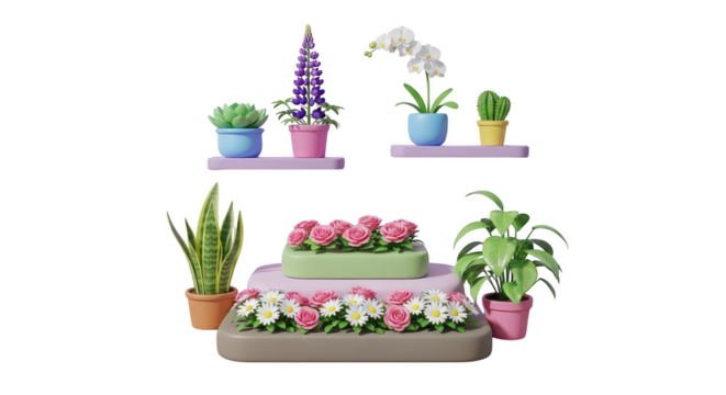 Collection of potted plants including orchids and succulents isolated on transparent background - Powered by Adobe