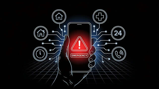 Digital warning alert on a smartphone screen surrounded by glowing circuit board lines and smart home icons - Powered by Adobe