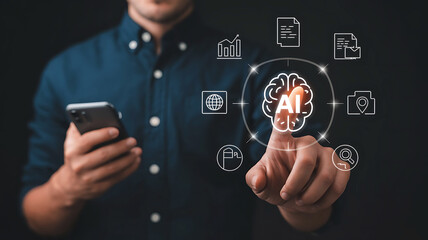 Man holding smartphone interacts with glowing ai brain hologram displaying futuristic technology icons on dark background