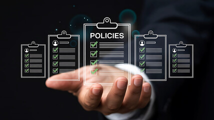 Hand presenting a transparent clipboard with a checklist of policies and guidelines on a dark background