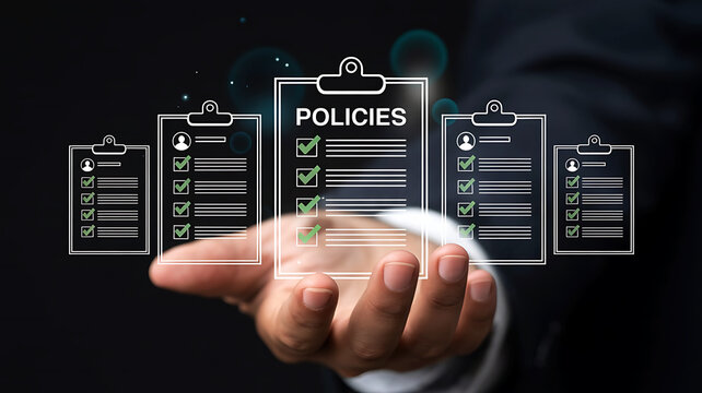 Hand presenting a transparent clipboard with a checklist of policies and guidelines on a dark background - Powered by Adobe
