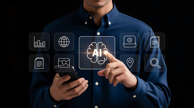 Man touching a digital interface displaying an artificial intelligence brain icon surrounded by various technology icons