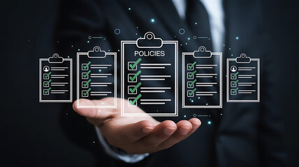 Businessman holding a digital display of multiple checklists and policy documents floating in the air