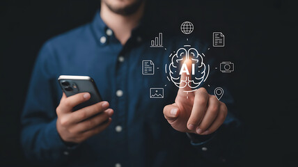 Man holding smartphone touching glowing digital brain hologram with data icons representing artificial intelligence and technology