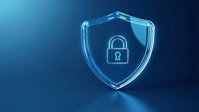Cyber security shield with lock icon on blue digital background, data protection technology concept, network privacy encryption design, futuristic information safety firewall system, online secure acc