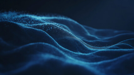 Abstract flowing luminous blue wave patterns with glowing particles on a dark background