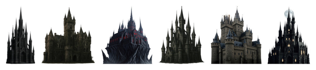 Fototapeta premium Dark fantasy castle set including various Gothic, ominous, and mysterious architectural designs isolated. World building and game asset collection.
