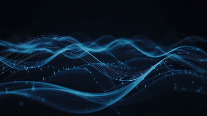 Abstract blue glowing wave patterns with interconnected dots representing data flow and digital network connections
