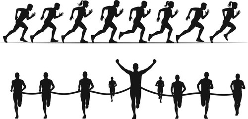 Silhouettes of Runners Racing to Finish Line, Marathon Competition Illustration, Athletic Victory Moment, Sprinting People Isolated Vector Art