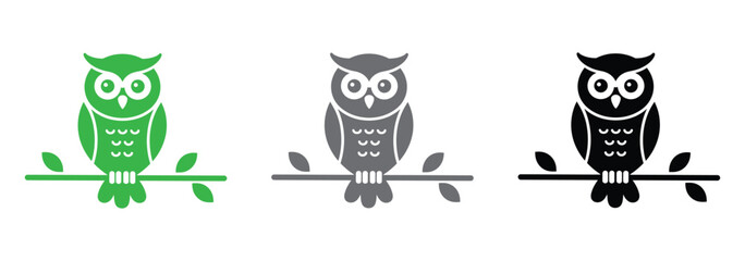 Vector art of three owls of different colors, green, gray, and black, are perched on a branch, , showcasing a simple yet elegant design with a focus on color variation