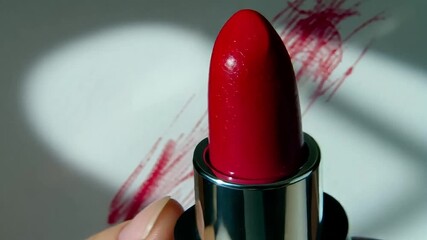 Dynamic lipstick application with vibrant red color creating artistic marks on a white surface