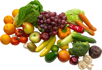 Fresh assorted fruits and vegetables flat layout with grapes lettuce pears apples broccoli mushrooms. Concept of balanced diet, freshness, organic food, and natural nutrition. Transparent background