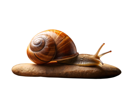 A close-up studio shot of a garden snail slowly crawling across a smooth, oval-shaped stone, showcasing its intricate shell and delicate antennae against a clean white background