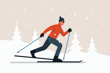 Man skiing cross country on snowy winter landscape, wearing jacket, hat and sunglasses, holding ski poles gliding through pine forest, outdoor sport and holiday activity. Flat vector illustration