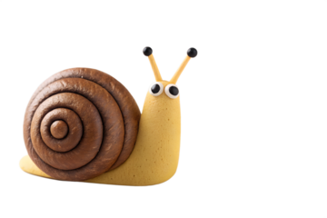 Whimsical clay snail sculpture featuring a textured brown spiral shell and vibrant yellow body with charming eyes, handcrafted and isolated on white, conveying playful art