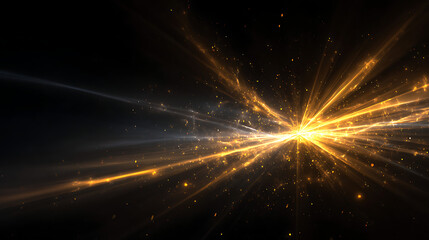Obraz premium A radiant burst of golden light scattering into the darkness, glowing beams like shooting stars ,energy, dramatic illumination, cinematic atmosphere golden highlights, ethereal and futuristic design.