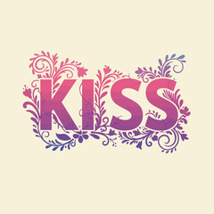 Decorative Kiss word with elegant floral patterns and gradient colors.