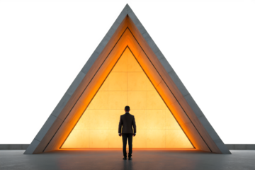 Man stands before glowing triangular portal isolated on white background