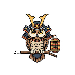 Samurai owl perched on branch with lantern, a wise and watchful guardian isolated on white background