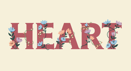 Obraz premium Floral Heart Typography Illustration with Botanical Elements.