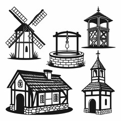 A collection of black silhouette illustrations of historical village buildings including a windmill a well a tower a house and a church steeple on a white background