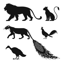 A collection of black silhouette animals including a majestic lion a sleek panther a domestic cat a proud rooster a turkey and a peacock with a decorative tail feather
