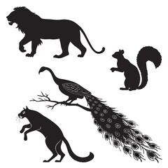 Collection of black silhouettes of a majestic lion a graceful peacock on a branch a playful squirrel and a powerful panther against a white background