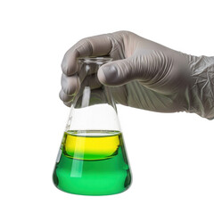 Hand in glove holding erlenmeyer flask with yellow and green liquids in laboratory transparent background