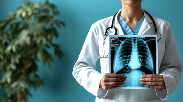 Medical professional displays chest X-ray in a clinical setting highlighting patient care and diagnosis in a modern healthcare facility