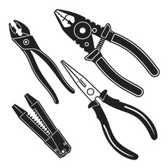 A collection of four different types of pliers and wire cutters presented as black and white silhouettes on a plain white background representing various hand tools