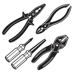 A collection of black and white vector illustrations of various hand tools including pliers and screwdrivers on a white background