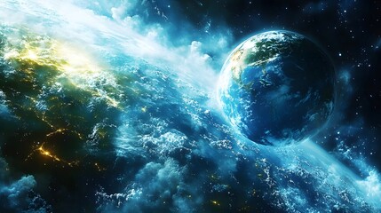 Obraz premium Stunning view of Earth from space revealing vibrant clouds and glowing city lights during nighttime