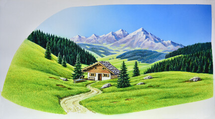Airbrush Illustration aus den 1990er Jahren mit einer Bergh&uuml;tte auf der Alm