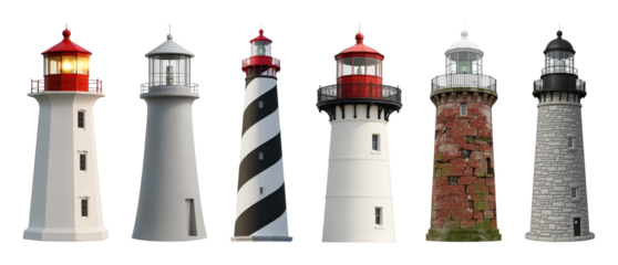 Lighthouse set including modern, striped, brick, and stone architectural styles isolated. Coastal navigation and maritime heritage collection.