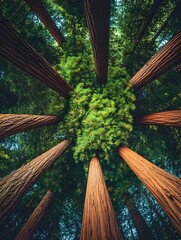 Majestic Redwood Canopy: A Stunning Upward View of Nature's Giants.