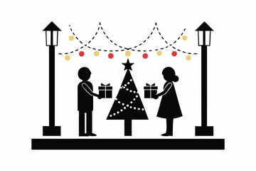 People exchanging gifts in snowy park, decorated Christmas tree, silhouette vector illustration
