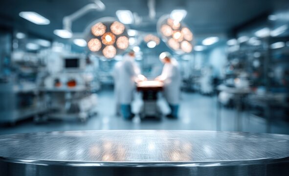 A surgical table in focus, with blurred surgical team and lights in the background - Powered by Adobe