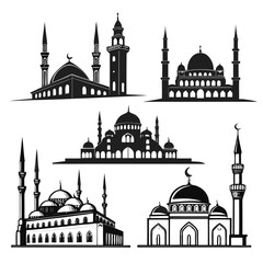 Collection of islamic mosque silhouettes featuring domes minarets and architectural details representing religious buildings and cultural landmarks